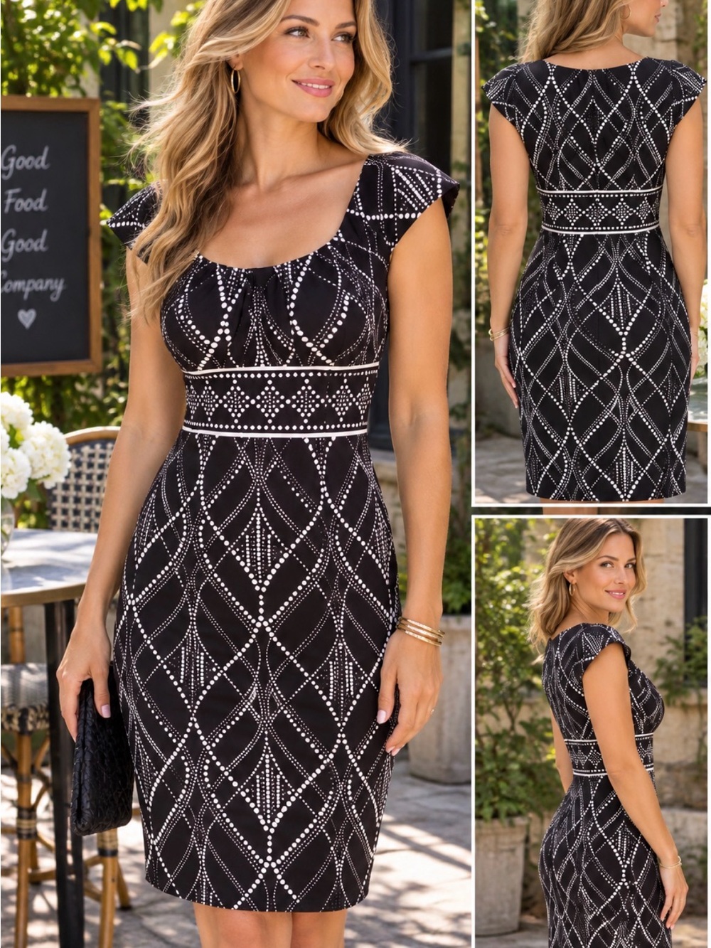 London Times Elegant Black Cap-Sleeve Dot-Pattern empire waist Dress sz 8